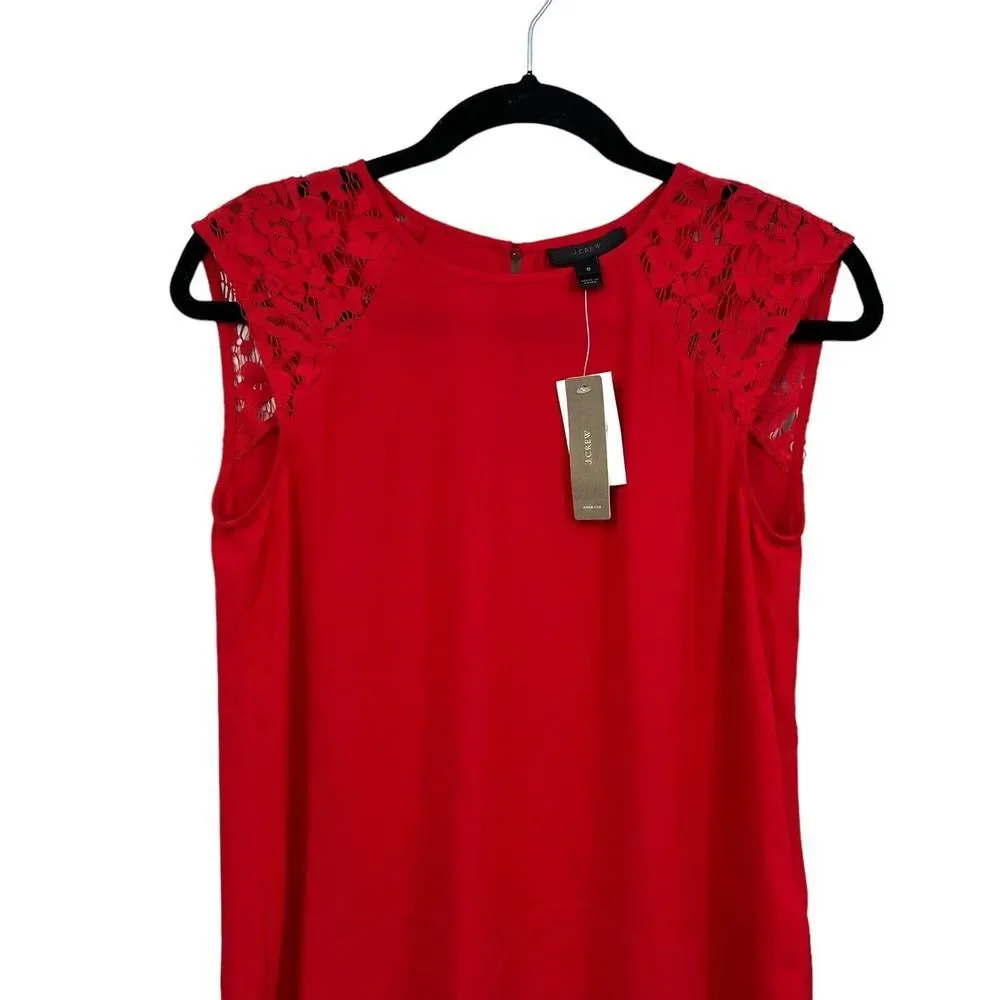 J. Crew Womens Tank Top Round Neck Lace Shoulders Key Hole Back Red Sz 0*